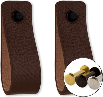Leren handgrepen - Bruin - 2 stuks - 16,5 x 2,5 cm - incl. 3 kleuren schroeven - Handgrepen leer - Leren meubelgreep - Leren handvaten kast - Leren lus - Handgreep kast leer - Leren greepjes - Handvat leer - Leren deurgreep - Bruine leren handgreep