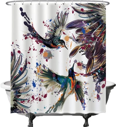 Ulticool Douchegordijn - Vogels Veren Kunst Dieren Natuur - 180 x 200 cm - met 12 ringen - Anti Schimmel - Waterdicht & Wasbaar - Semi Transparant - Wit blauw paars