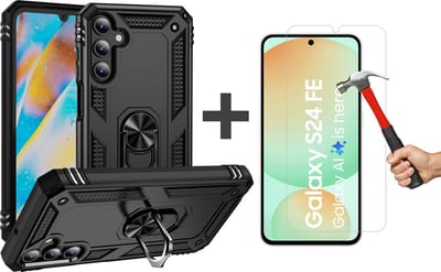 Hoesje Geschikt voor Samsung Galaxy S24 FE hoesje - Hybrid Armor Anti-Shock hoes - Arara Ringhouder TPU backcover met gehard glas Screenprotector - Zwart