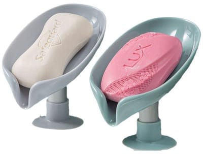 Daity Set van 2 - Zeepbakje - Bladvormige zeepbak - Zelf-drainerende zeephouder om de levensduur van de zeep te verlengen en de zeep droog te houden - Groen & Grijs - 8.7*13*12cm