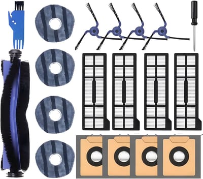 PolkaHome® 19-delige reserveonderdelen, onderdelen, accessoires geschikt voor Eufy X10 Pro Omni stofzuigerrobot 4 stofzakken, 4 wasbare dweildoeken, 4 zijborstels, 4 HEPA-filters, 1 hoofdborstel, 1 schroevendraaier, 1 2-in-1 schoonmaaktool met mesje