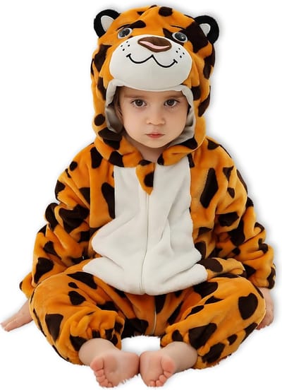BoefieBoef Dieren Baby Onesie Peuter Pyjama Kinderen 6 maanden - 2 jaar – Verkleedkleding met Luierrits – Carnaval, Dierenpak - , Kraamcadeau – Flanel - Romper - Boxpak - Jongens - Meisjes - Kruippak - Winterpak - Panter - Poema - Oranje Bruin