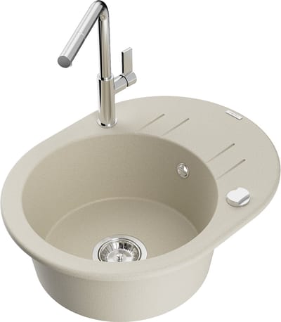 Mexen Kevin granieten gootsteen 1-kompartiment met afdruiprek en keukenkraan Flora, beige - 6517-69-670401-00