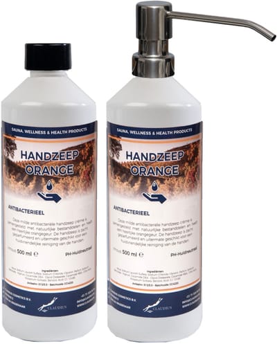 Handzeep Orange 500 ml - set van 2 stuks - met gratis RVS zilverkleurige pomp - Voordeelverpakking