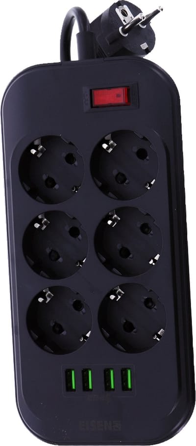 EISENZ SE6403 Stekkerdoos met USB – 6 Stopcontacten & 4 USB-poorten – Met Schakelaar