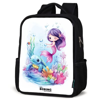 NoBoringSuitcases.com® - Rugzak zwart - Schooltas jongen & meisje - Zeemeermin met blauw schildpad tussen koraal - Rugtas voor school - Boekentas kind - Schoolrugzak - Kinderrugzak