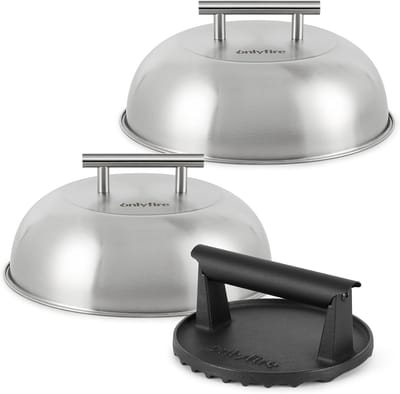 Famanu – Smash burger set van van 3-delig, met gietijzeren hamburgerpers en 2 metalen koepels voor BBQ en plancha
