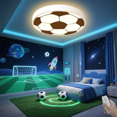 Unyqoos® Kinderplafondlamp met Voetbalthema, LED, Dimbaar en Inclusief Afstandsbediening voor Slaapkamer diameter 40 cm