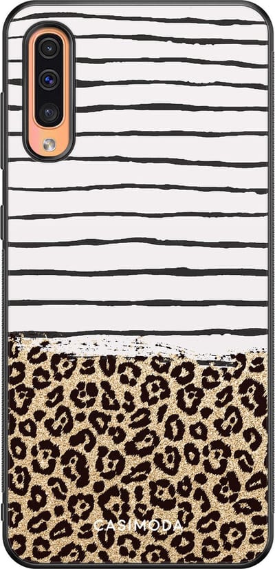 Casimoda® hoesje - Geschikt voor Samsung Galaxy A50 - Luipaard strepen - Zwart TPU Backcover - Luipaardprint - Bruin/beige