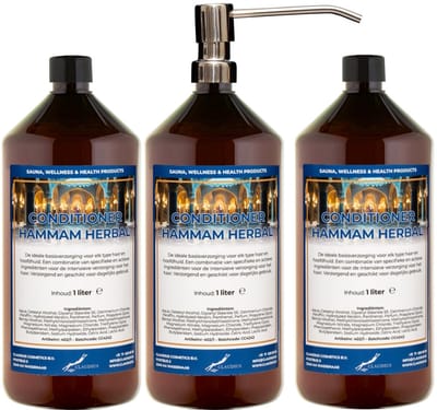 Hairconditioner Hammam Herbal 1 liter met luxe RVS zilverkleurige pomp - set van 3 stuks
