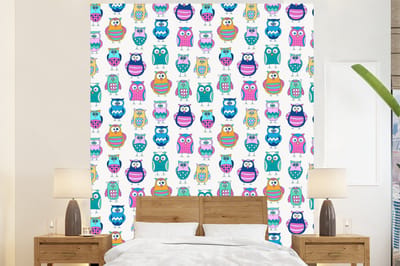 Behang - Fotobehang Regenboog - Uil - Cartoon - Breedte 225 cm x hoogte 280 cm
