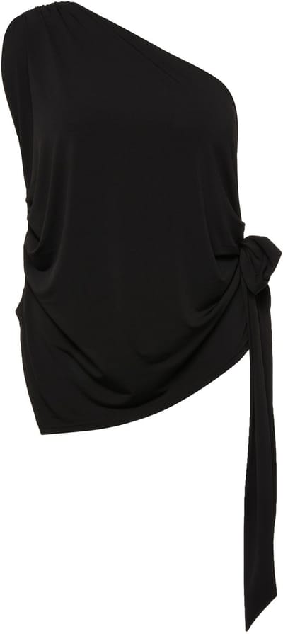 Ulla Popken - Dames - Top one shoulder slim strikbandje mouwloos - Zwart - Maat 54+