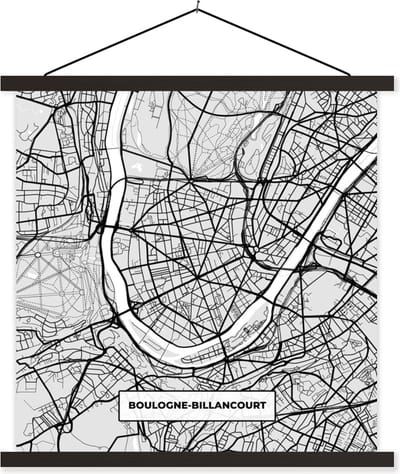 Posterhanger incl. Poster 60x60 cm - Schoolplaat - Boulogne-Billancourt - Plattegrond - Frankrijk - Kaart - Stadskaart - Textielposter - Zwarte latten - Stadskaart