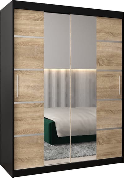 InspireMe - Kledingkast met 2 schuifdeuren, Modern-stijl, Kledingkast met planken (BxHxD): 150x200x62 - VENTILA IV 150 Zwart Mat + Sonoma Eik