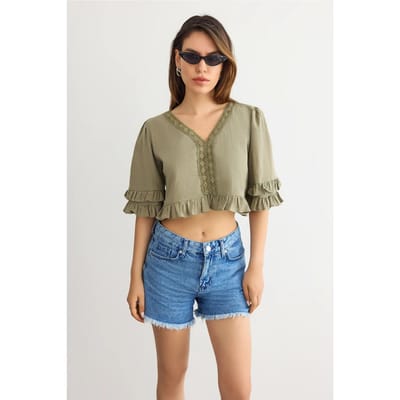 Gekruiste V-hals Rimpel Blouse