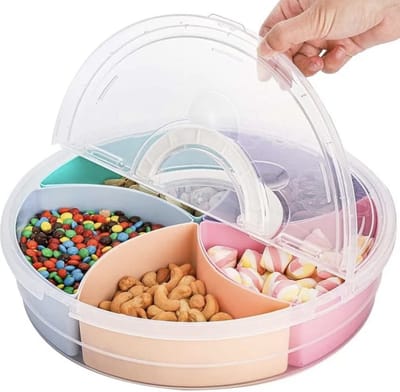 Snackbak met 5 vakken - Snack box met deksel - Snackbord met vakken - Kunststof onderverdeling - Foodcontainer - Praktisch - Opbergdoos - Snackbox - Herbruikbaar - Organizer voor snoep - Koekjes, Noten - Vliegtuigbox - Opbergbox met handvat - Deksel