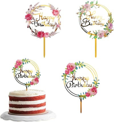 3 stuks bloemen taarttoppers, Happy Birthday taarttoppers, acryl taartdecoratie topper sets "Happy Birthday", taarttopper geschikt voor alle soorten verjaardagsfeestjes en bruidstaarten