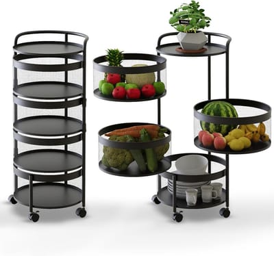 Opbergwagen Keuken - Rolwagen Trolley - Keuken Organiseren - 360° Draaibare Manden - 33 x 33 x 76 cm - Zwart