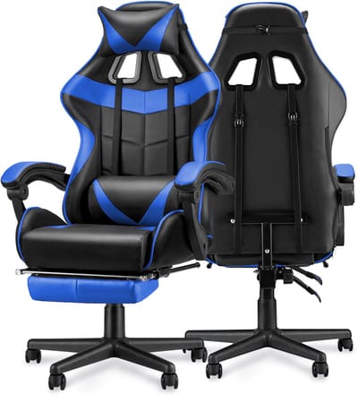 Soontrans Blauw-Gaming Stoel met Inklapbare Voetensteun, Gamestoel Verstelbaar Rugleuning, Armsteun, Ergonomische Gaming Chair als Bureaustoel, Uitgerust Met Hoofdsteun en Lendensteun, PU Kunstleer Computerstoel Gaming Voor Volwassenen en Jongeren