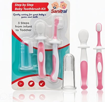 Sanitral Baby's First Toothbrush Kit - Stap voor stap tandenborstelset 0-2 jaar - Veiligheidsgetest en BPA-vrij 3-pack (vinger-tandenborstel voor baby's, siliconen tandenborstel voor baby's en peutertandenborstel) - Roze