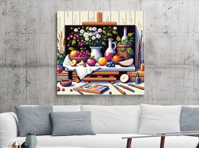 Pixel art stilleven schilderij | Pixelated masterpiece capturing beauty and tranquility in still life scene | Kunst - 40x40 centimeter op Dibond | Foto op Dibond