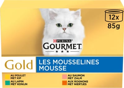 2x Purina Gold Mousse 12x 85gr ( kip, konijn, zalm en niertjes)
