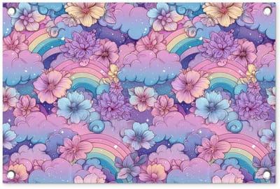 Tuinposter 60x40 cm - Tuindecoratie Regenbogen - Bloemen - Kleurrijk - Wolken - Poster voor in de tuin - Buiten decoratie - Schutting tuinschilderij - Tuindoek muurdecoratie - Wanddecoratie balkondoek