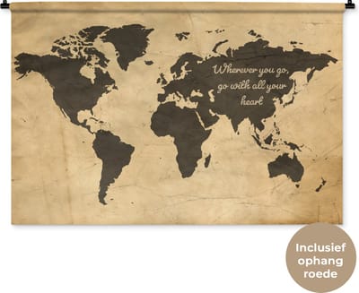 Wandkleed WereldkaartenKerst illustraties - Vintage wereldkaart met de quote Wherever you go go with all your heart Wandkleed katoen 150x100 cm - Wandtapijt met foto