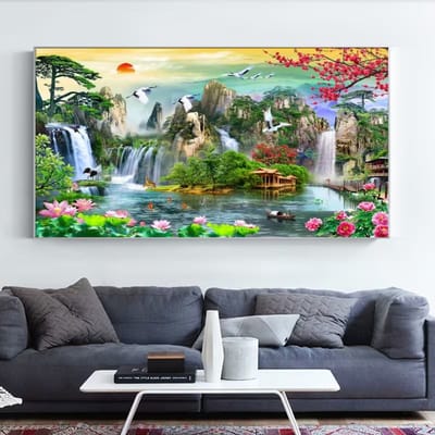 diamond painting watervallen vogels en vissen - hert en bloemen 100 x 50 cm