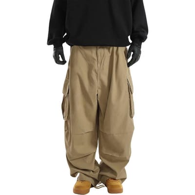 Heren Cargobroek Meerdere Zakken Trekkoord Elastische Taille Vintage Wijde Pijp Hip Hop Streetwear Losse Effen Kleur Buiten Lang Broek M kaki