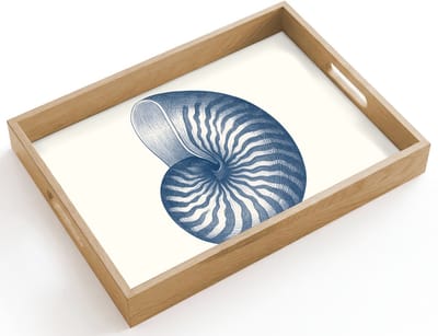Dienblad hout 40x30 cm - Schootdienblad - Blauw - Schelp - Spiraal - Borrelplank rechthoek - Plateau dienbladen