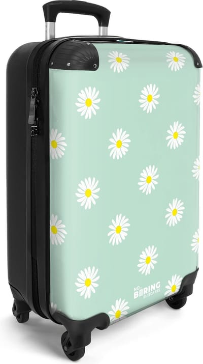 NoBoringSuitcases.com® - Handbagage cabine koffer lichtgewicht - Reiskoffer trolley vrouwen - Groene rolkoffer op wieltjes met madeliefjes - Reistrolley - Reizen - Past binnen 55x40x20 en 55x35x25 - 55 cm bagage