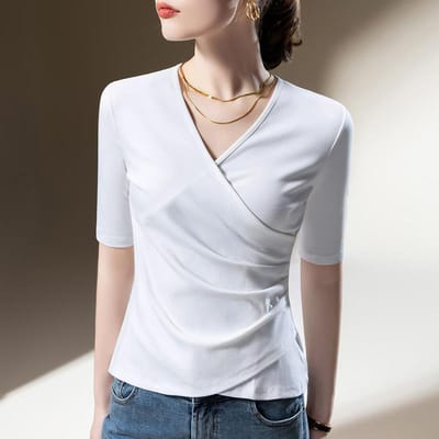 Dames Update Stijl Europees Dames Kruis Hals Effen Kleur Katoenen T-shirt Geplooide Taille Driekwartmouw Top 3XL gray