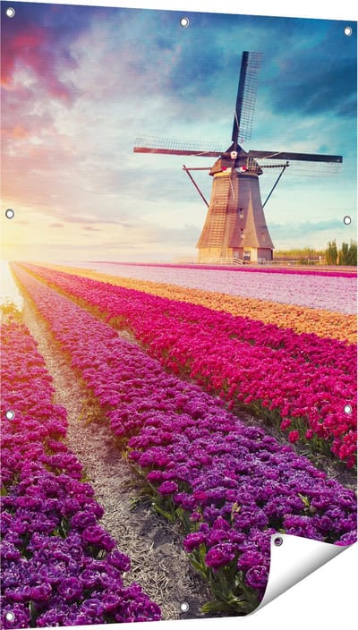 Gards Tuinposter Kleurrijke Tulpen Bloemenveld - Windmolen - 80x120 cm - Tuindoek - Tuindecoratie - Wanddecoratie buiten - Tuinschilderij