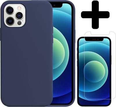 Hoesje - Met Screenprotector - Geschikt voor Apple iPhone 12 Pro - Sterk & Shockproof - Telefoon Hoes - Back Cover - Siliconen Case - Telefoonhoes - Donkerblauw