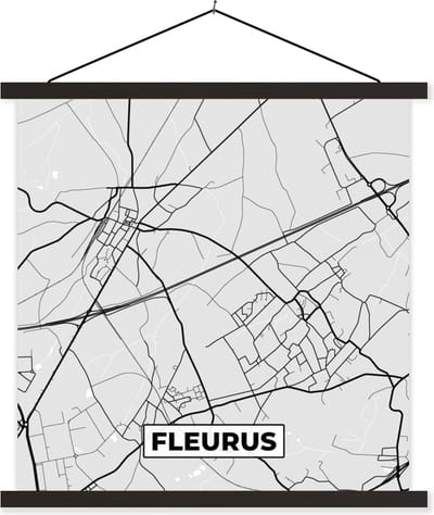 Posterhanger incl. Poster 60x60 cm - Schoolplaat - Stadskaart – Zwart Wit - Kaart – Fleurus – België – Plattegrond - Textielposter - Zwarte latten - Stadskaart