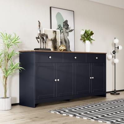 DESMIU Dressoir - Landelijke Opbergkast Met 4 Deuren En 3 Lades - Voor Woonkamer En Eetkamer - MDF In Houtkleur Grijszwart - 160x37x75 Cm