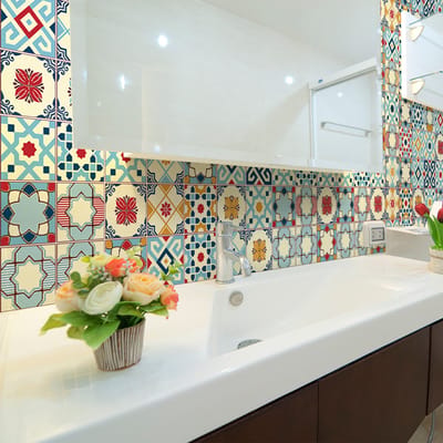 Zelfklevende tegelmuurstickers voor keuken en badkamer - 24 cementtegelstickers, Azulejos Rano-stijl - 24 stickers, 10x10 cm