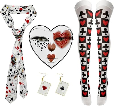 Kostuumset voor de Koningin van Harten voor Vrouwen met Opaque Hold-Ups, Poker Stropdas, Hart Stickers en Oorbellen voor Halloween en Carnaval