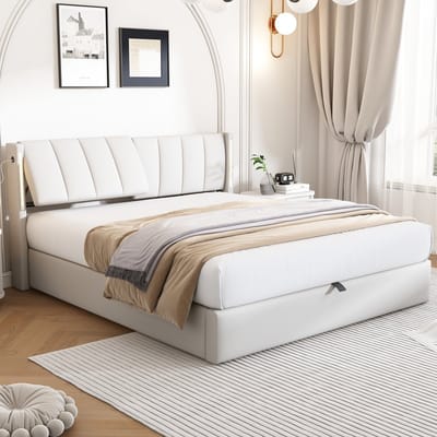 DESMIU Gestoffeerd Bed 140x190cm - Bed Met Leesverlichting, Oplaadpunt En Verstelbaar Hoofdeinde - Opbergruimte Onder Het Bed - Modern - Wit - Zonder Matras