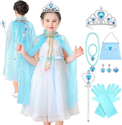 11-delige Prinsessen Cape Set voor Kinderen met Kroon, Toverstaf, Sieraden en Handschoenen, Kleurrijke Pailletten voor Carnaval en Cosplay
