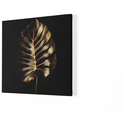 Vierkant Canvas Schilderij - Blad - Goud - Zwart - Wall Art - 60x60x2 cm