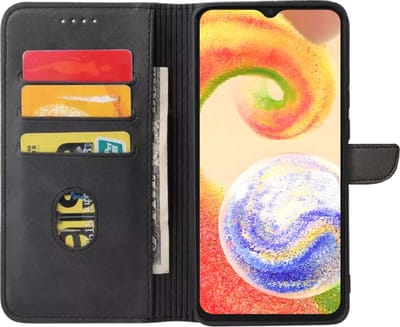 Geschikt voor Samsung Galaxy A04 Telefoonhoesje Kunstleer met Magnetisch lipje en Pasjeshouder Book Case met Klepje - Zwart - Smartphonica geschikt voor Samsung Galaxy A04