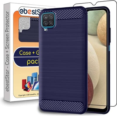 ebestStar - Hoes geschikt voor Samsung Galaxy A12 SM-A125F, TPU Bescherming Cover, Koolstof Design Hoesje, Donkerblauw + Gehard Glas