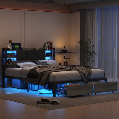 Industriële 160×200cm Tweepersoonsbed met Opberglades – LED Hoofdbord & Frame, USB/Type-C Opladen, Houten/Ijzeren Constructie met 2 Lade-Opbergvakken