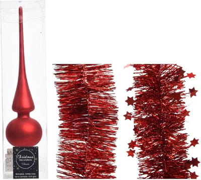 Kerstversiering glazen piek mat 26 cm en folieslingers pakket rood van 3x stuks - Kerstboomversiering