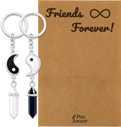 BFF Sleutelhanger voor 2 ' Friends Forever' - Yin Yang met Edelsteen - Sleutelhanger set op Cadeau Kaartje - Zilverkleurig - Vriendschap Symbool - Pax Amare
