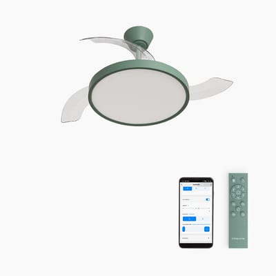 CREATE - Plafondventilator 40W stil met intrekbare bladen met licht - Ø91cm - Sage - WIFI + afstandsbediening - WIND CLEAR STUDIO
