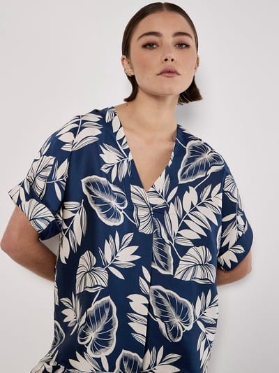 Tropical Leaf Print Satin T-Shirt