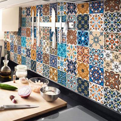 Zelfklevende tegelmuurstickers voor keuken en badkamer - 24 cementtegelstickers, Azulejos Trencia - 24 stickers, 10x10cm